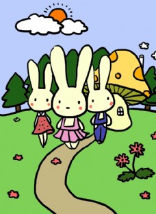 三只小兔和蘑菇屋儿童画