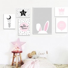 客厅无框画手绘卡通兔子粉色公主房装饰画