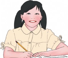 小学生写作业 微笑 角色插画