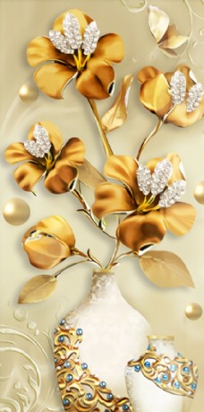 立体浮雕金色珠宝花卉花瓶玄关
