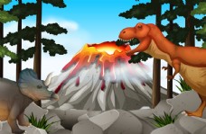 树木恐龙和火山的场景
