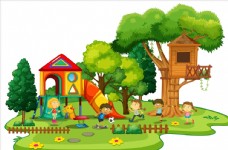 树木卡通儿童和树屋