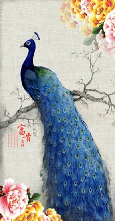 中式牡丹孔雀玄关壁纸