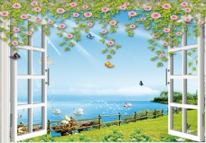 海景3D窗户花藤海滩背景墙