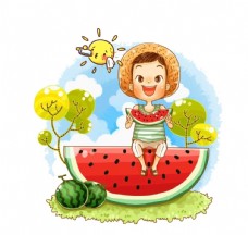 夏日小孩吃西瓜