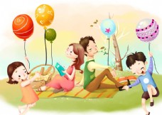 小户人家卡通一家人户外野餐