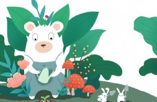 动物画手绘植树小熊卡通动物插画