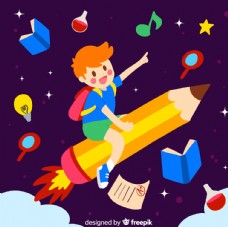 书本创意坐铅笔火箭的男孩