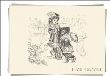 推婴儿车的贵族少女素描画