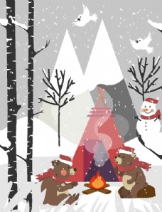 篝火创意冬季野营的熊