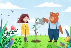 豌豆手绘女孩和小熊给树浇水插画